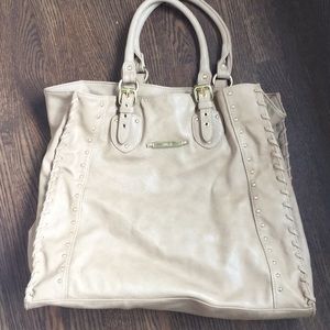 Large tan leather satchel, overnight bag,